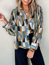Women's Geometric Print Button Up Long Sleeve Blouse Loose Fit Shirt